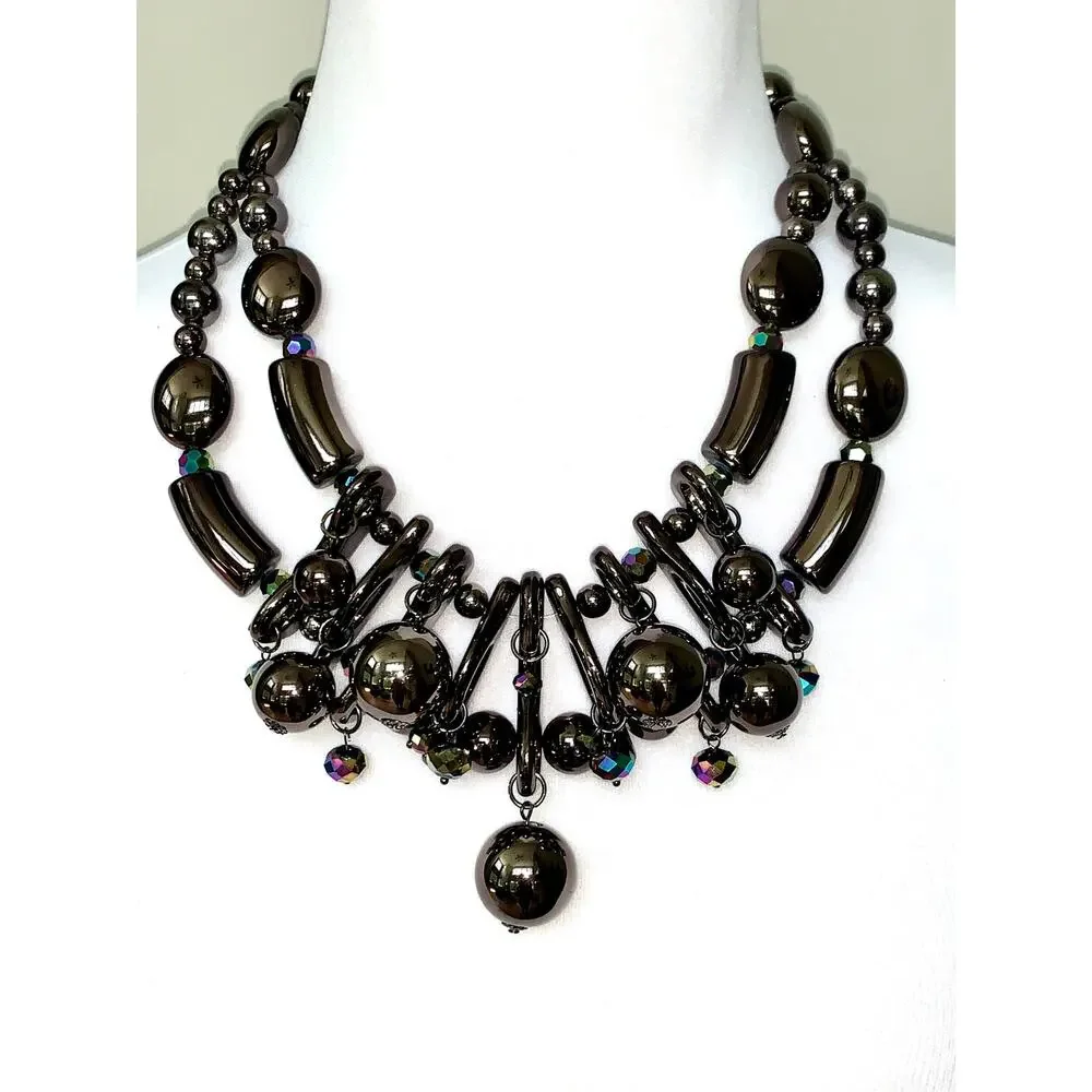 Vintage You & I Dark Metallic Chunky Beaded Statement Bib Necklace